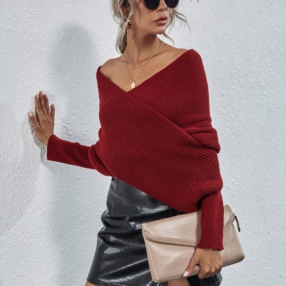 WINE off shoulder knit wrap sweater fall sweater - Picture 12 of 13